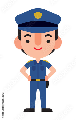 Flat design cartoon policeman with his hands on waist. Vector character illustration