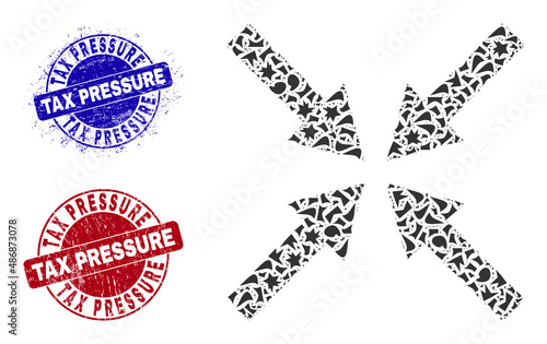 Round TAX PRESSURE grunge stamp seals with caption inside round forms, and debris mosaic center arrows icon. Blue and red stamp seals includes TAX PRESSURE tag.