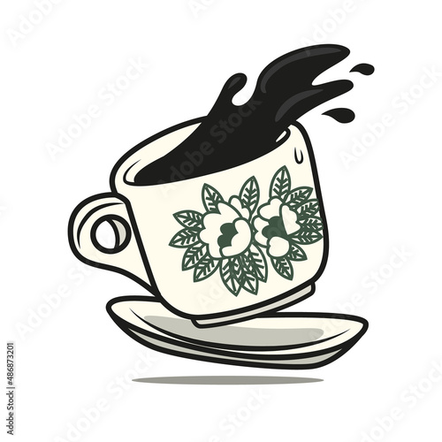 Malaysiaan and Singapore traditional oriental style black coffee. Floral pattern cup and plate with coffee splash out from cup