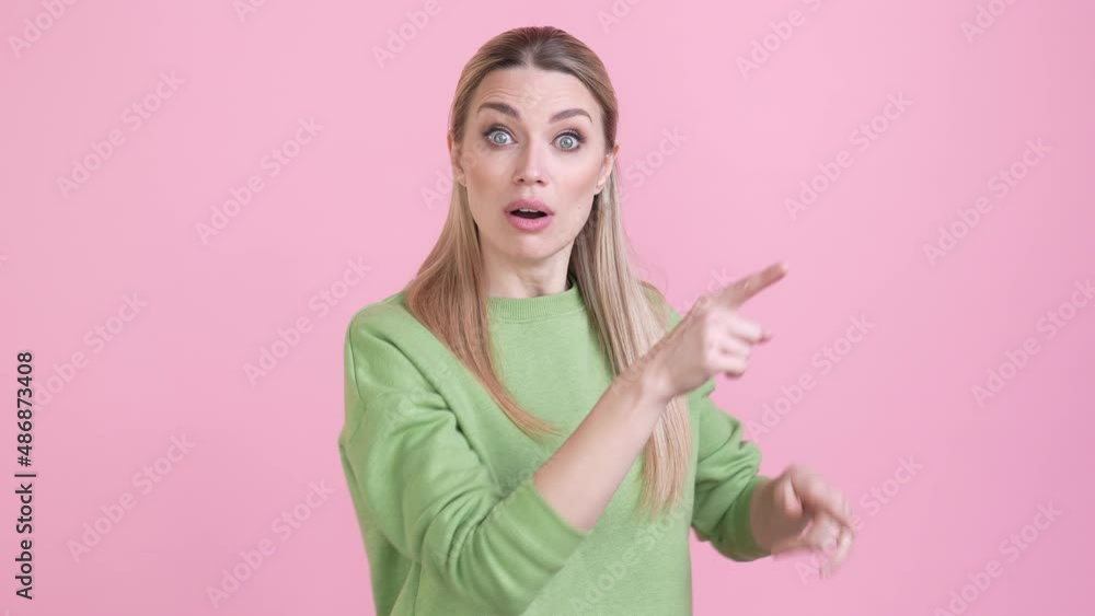 Lady watch novelty shout show empty space isolated pastel color background Lady watch novelty shout show empty space isolated pastel color background