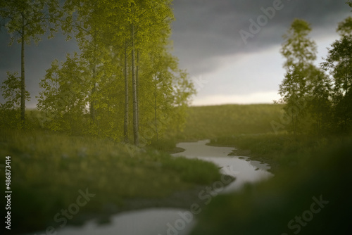 Countryside with a small river and birch trees under a cloudy sky. 3D render.