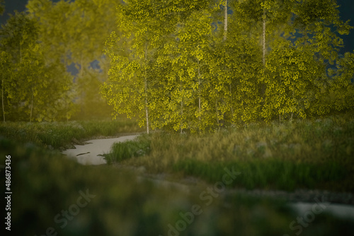 Foggy river banks with grass and birches. 3D render.