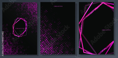 Set of fluorescent style brochures. Modern dotted pattern with geometric frame. Fucshia graphics on black background.