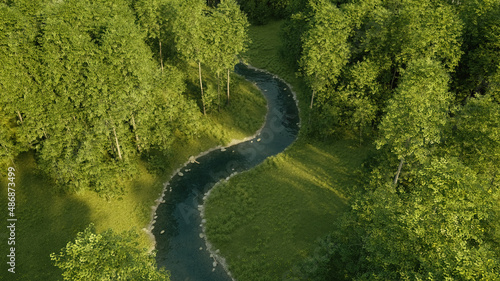 Aerial of deciduous forest with a river in morning sunlight. 3D render.