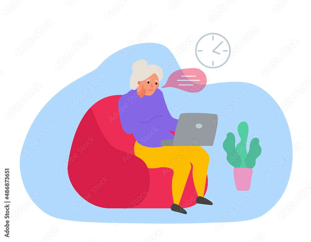 senior woman sitting in bag chair using laptop vector illustration senior woman sitting in bag chair using laptop vector illustration