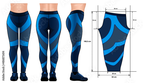 Realistic blue leggings pants mockup pattern different side isolated white background