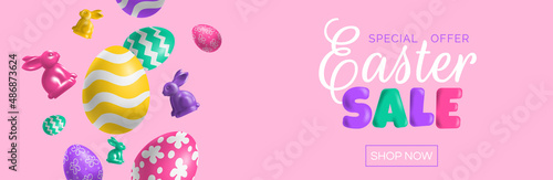 easter sale 3d banner design with decorative eggs and rabbits on pink background vector illustration