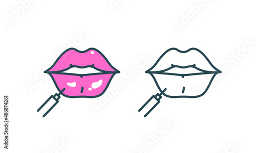 Lips and syringe line icon. Augmentation lips, correction, injection, filler, plastic. Vector illustration