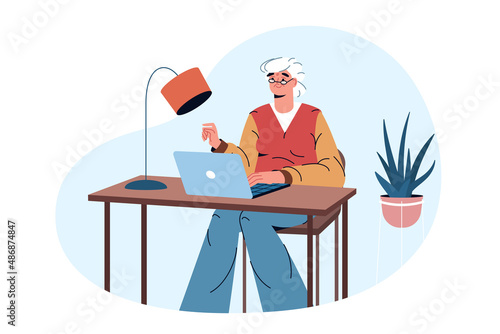 Flat happy elderly woman working online at home. Old age pensioner sitting with laptop at the table and surfing on the internet. Older lady studying in distance education, shopping or communicating.