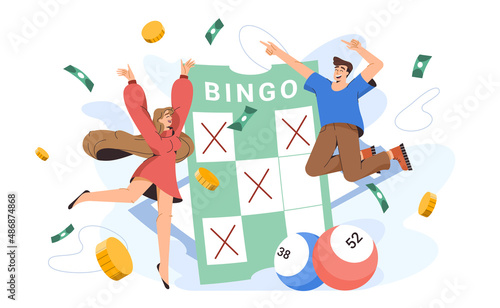 Flat happy people near bingo card with lucky ball numbers. Young excited characters with winning ticket of keno gambling game. Joyful lottery winners of lotto jackpot, casino gamble leisure.