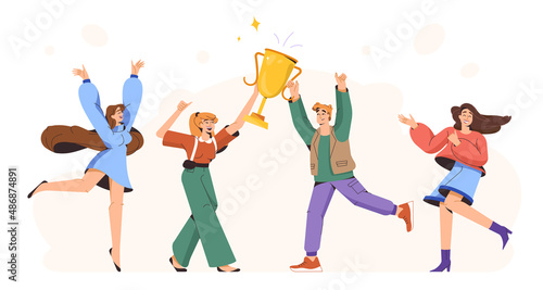 Flat happy young people holding golden trophy. Group of joyful winners with champion cup celebrate victory win, rejoice of success together. Competition champions hold goblet. Team achievement award.