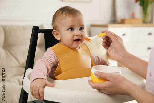 Mother feeding her little baby at home. Kid wearing silicone bib photo