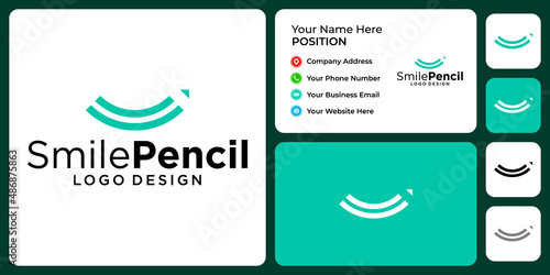 Pencil and smile logo design with business card template.