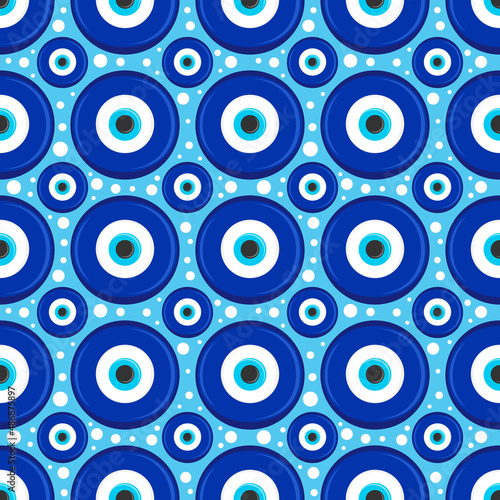 Evil eye seamless pattern. Symbol of protection in Turkey and Greece. Background with blue nazar talismans. Vector amulet photo