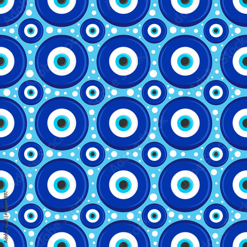 Evil eye seamless pattern. Symbol of protection in Turkey and Greece. Background with blue nazar talismans. Vector amulet