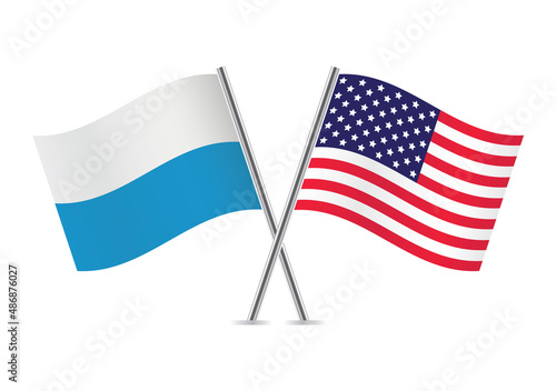 Bavaria (striped) and America crossed flags. The Free State of Bavaria and United states flags. Bavarian and American flags, isolated on white background. Vector icon set. Vector illustration.
