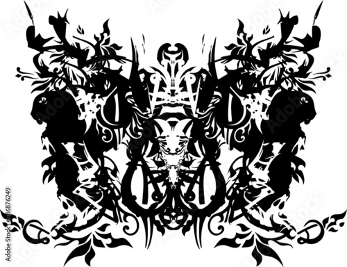 Terrible ornamental butterfly wings on a white background for your design. Grungy dangerous butterfly wings for fabric, prints, textiles, emblems, wallpaper, fashion, embroidery, posters, cards, etc.