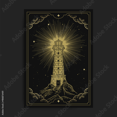 Lighthouse with engraving or hand drawn style