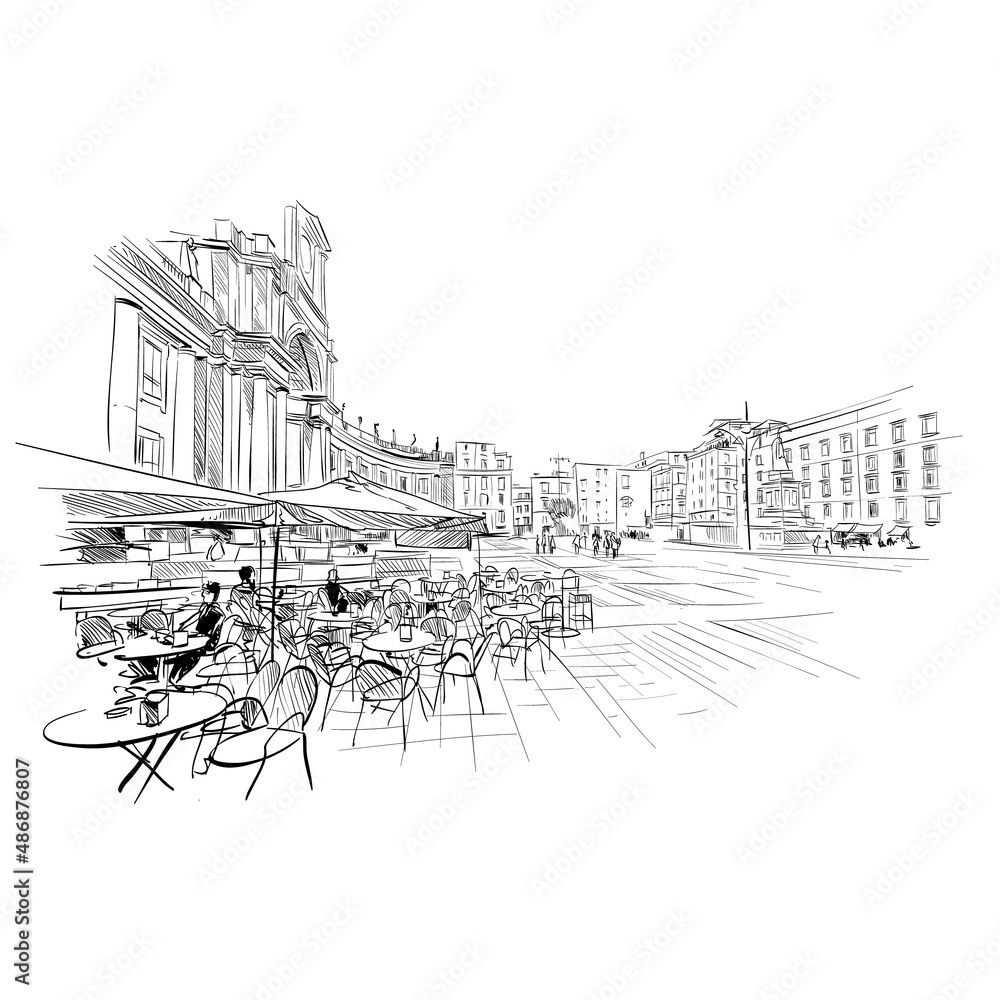 Naples. Italy. European city. Hand drawn street cafe sketch. Vector illustration.