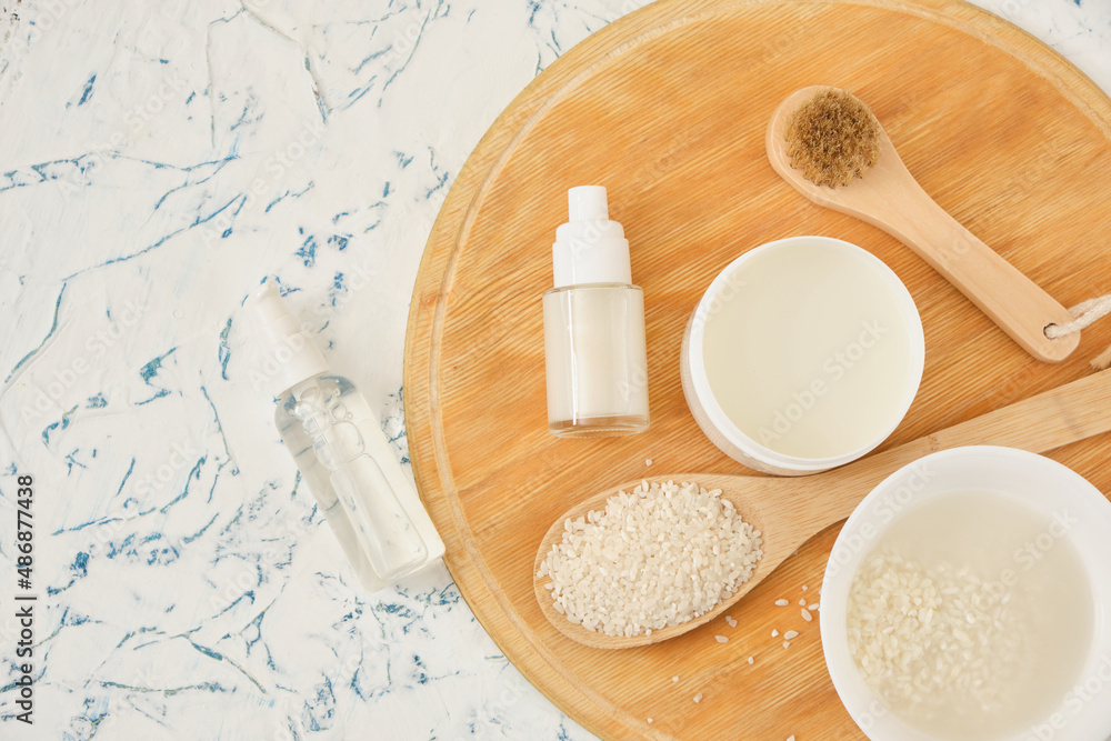 rice water spray bottle, body care, do-it-yourself natural cosmetics concept, fermented beauty care rice water spray bottle, body care, do-it-yourself natural cosmetics concept, fermented beauty care