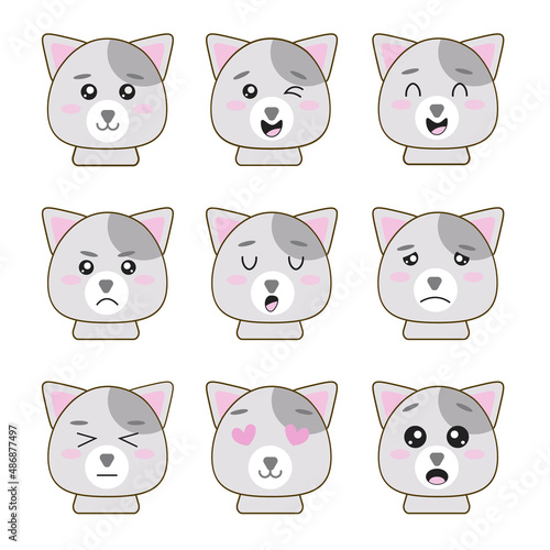 A set of images with a cute cat and different emotions. Images for the design of stickers, cover, wallpaper, packaging, paper or fabric. Illustration for children with a cute cat to demo