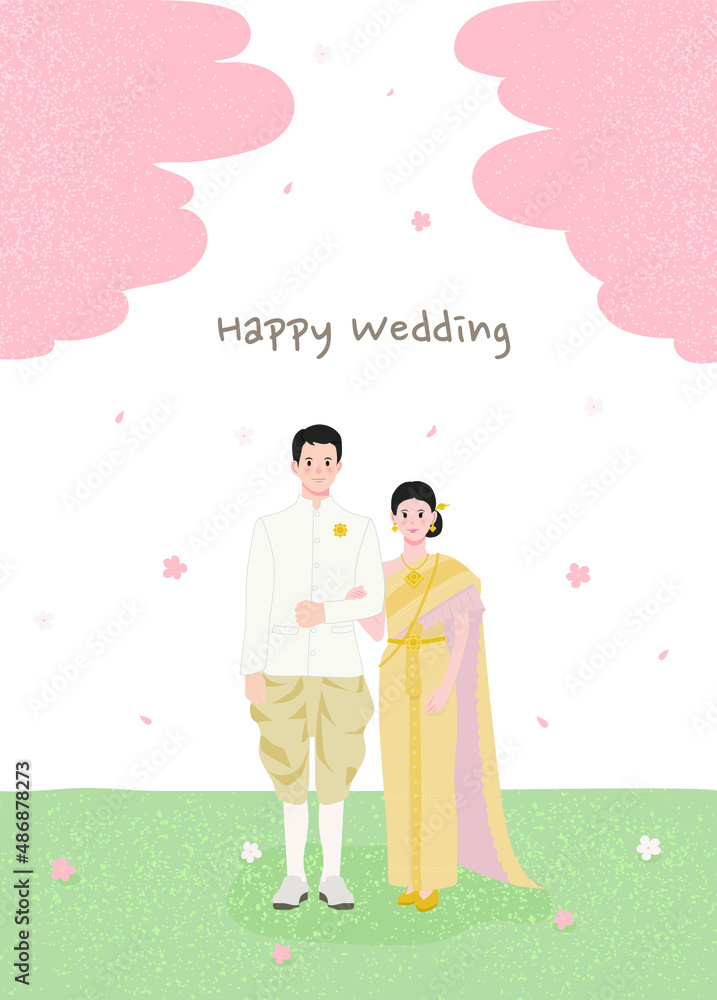 Thai wedding cartoon cute couple in Thai dressing wedding invitation card  template. Stock Vector | Adobe Stock