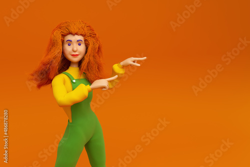 red-haired girl on an orange background points to