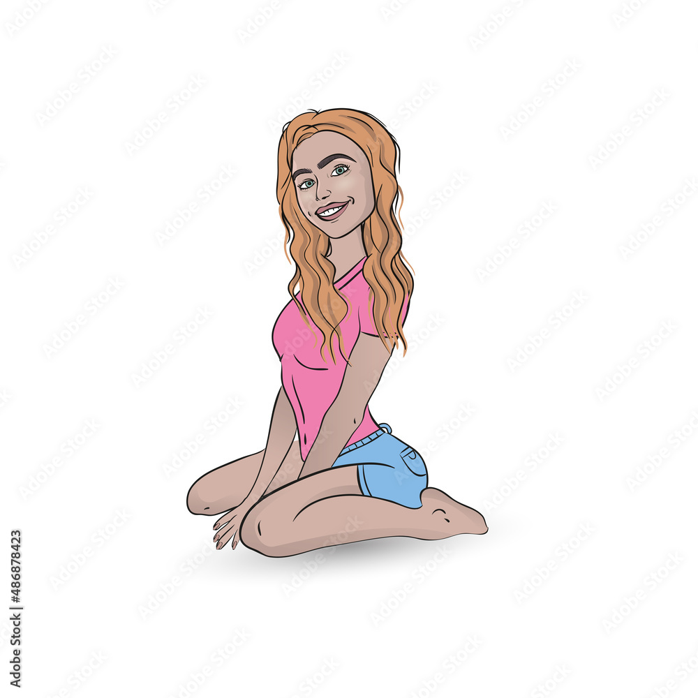 Cute cartoon girls on the beach. Summer holidays vector illustration.