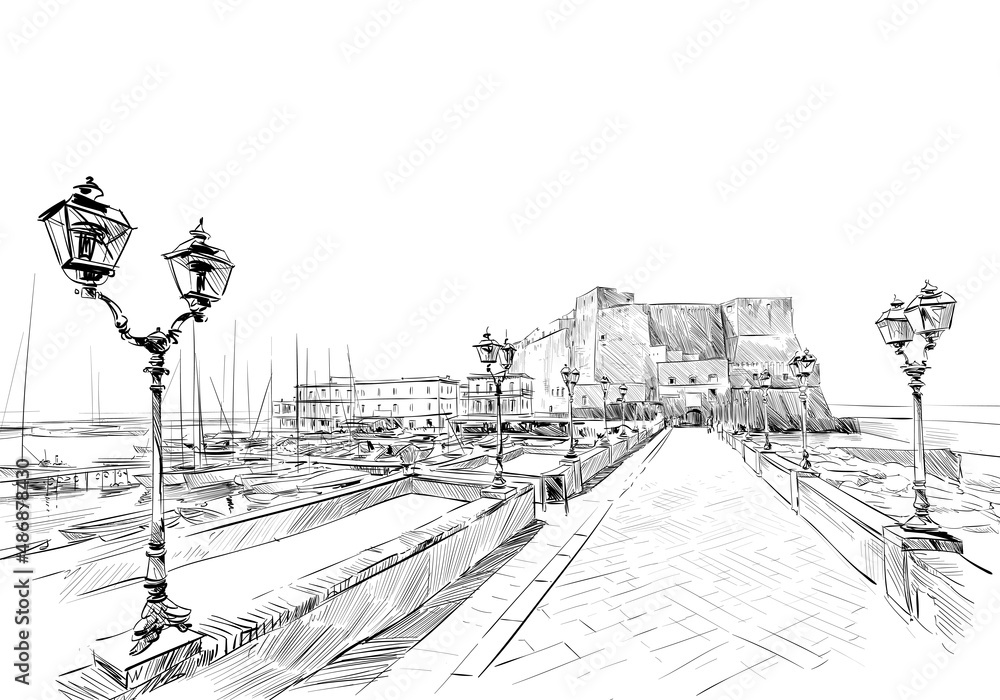 Castel del ovo. Naples. Italy. Hand drawn landmark sketch. Vector illustration.