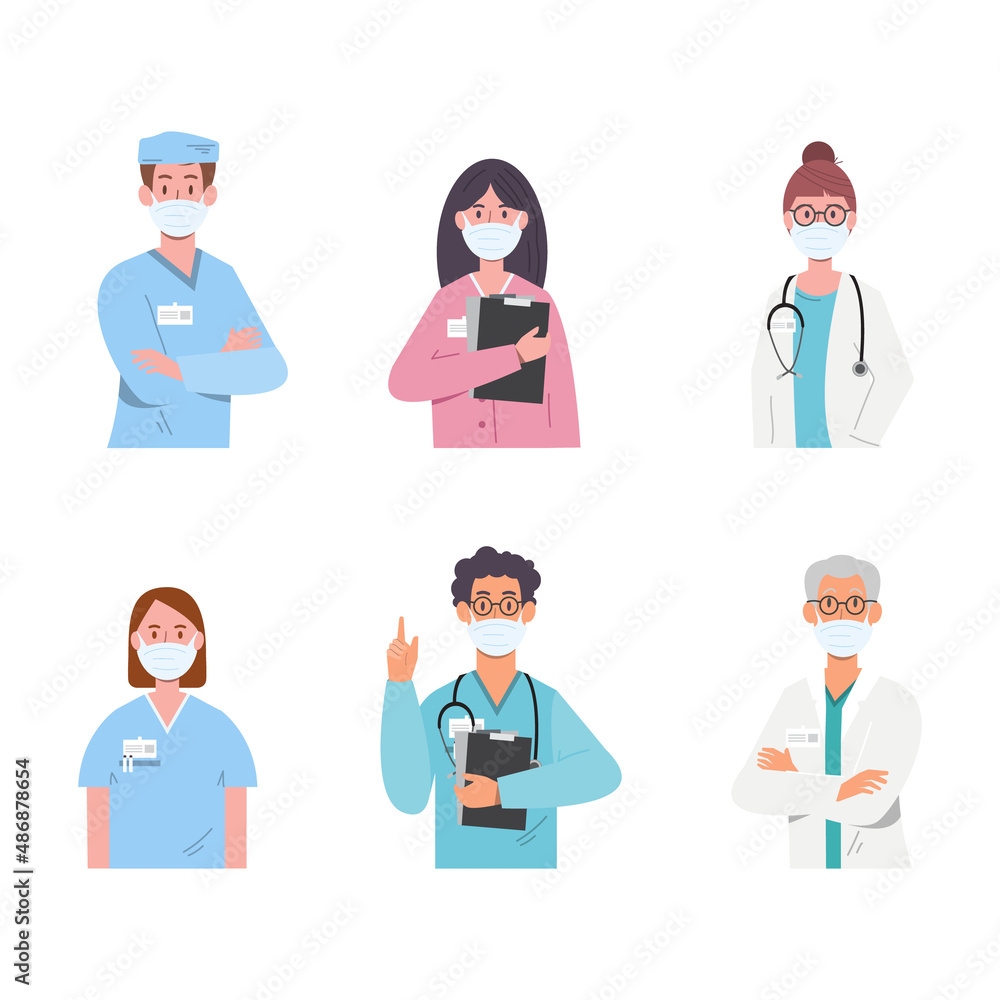 Set of doctor cartoon characters, hospital medical team concept in various poses Set of doctor cartoon characters, hospital medical team concept in various poses