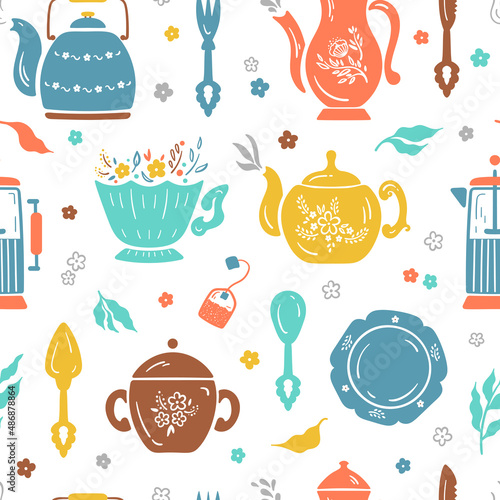 Tea Time. Vector Seamless Pattern of Different Teapots. Breakfast Theme Colorful Background. Kitchen Utensils. 