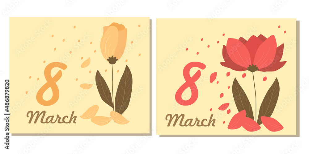 a set of cards for Women's Day, March 8. Yellow and red tulips with an inscription on March 8. Vector illustration EPS8