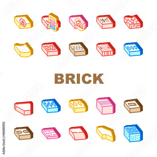 Brick For Building Construction Icons Set Vector. Refractory And Defective Brick, Handmade And Facing Of Building Exterior, Old Damaged. Cement And Silicate Material Isometric Sign Color Illustrations
