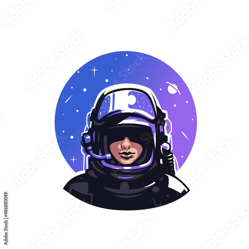 A female astronaut in a helmet hiding her eyes. Against the background of space, stars, planets that are reflected in the protective glass of the helmet.