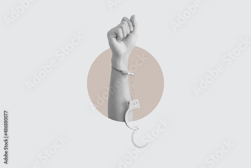 Digital collage modern art. Freedom hand raised with unchain handcuff photo