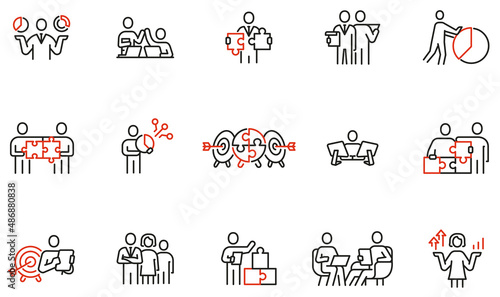 Vector set of linear icons related to business leadership, relationship, human resource management, cooperation and team work. Mono line pictograms and infographics design elements - part 2