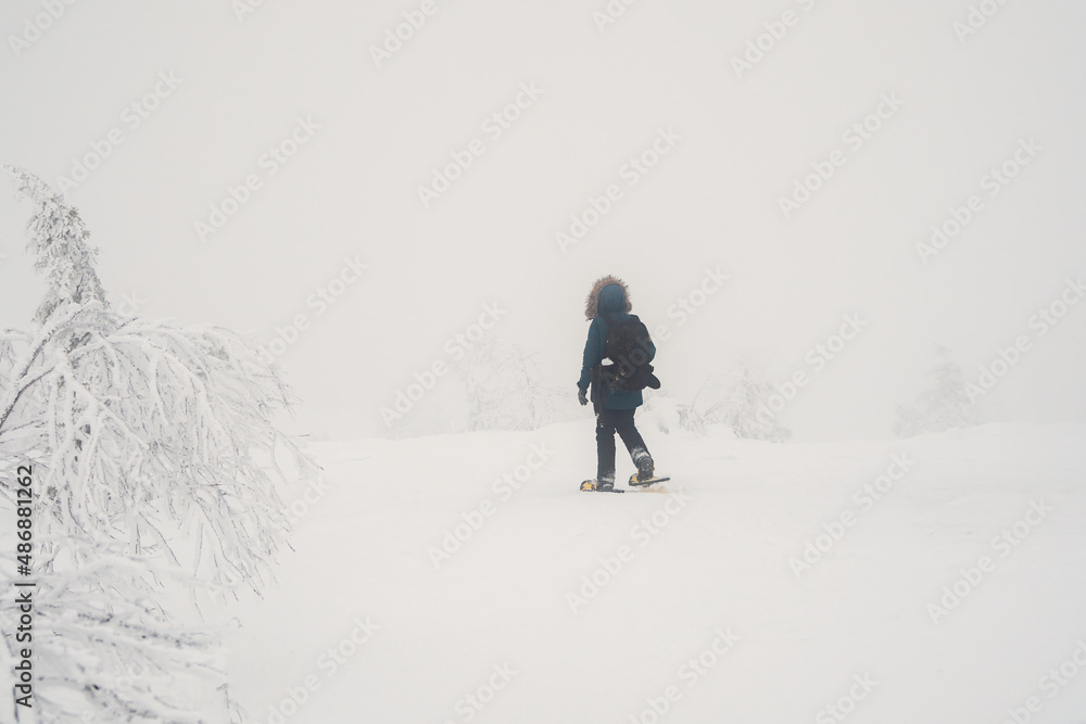 Polar expedition. A lonely traveler on snowshoes walks along a snowy slope in a foggy frosty shroud. Severe northern weather, poor visibility.