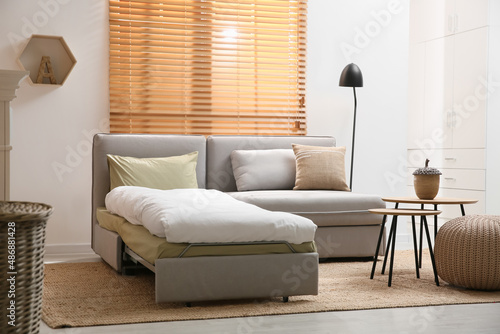 Room interior with sleeper sofa near window