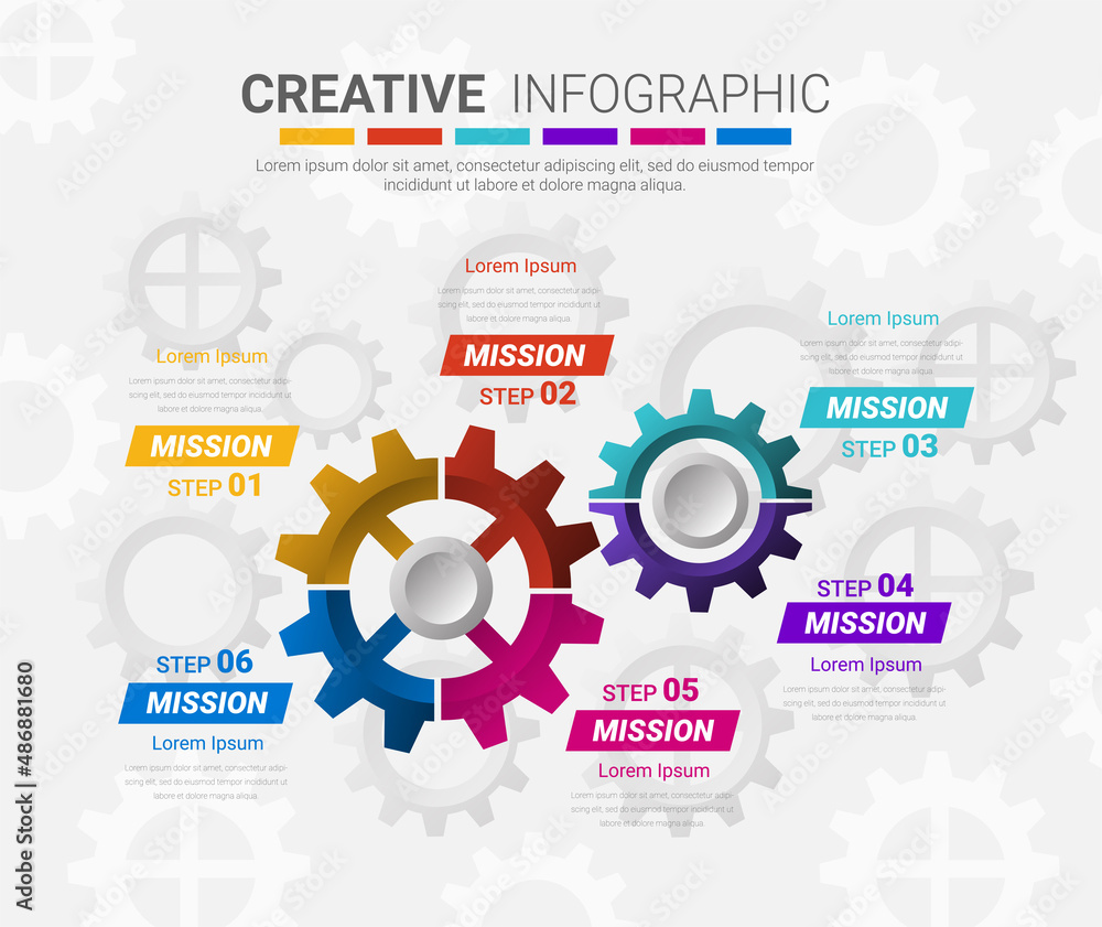 Obraz premium Gears cogwheels 6 steps for Infographic template, Engineering tech progress business presentation start-up vector concept.
