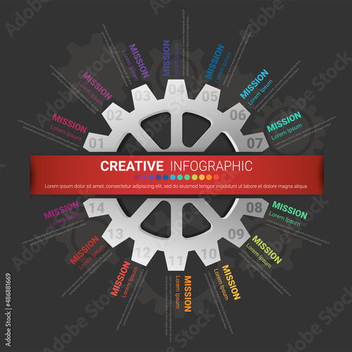 Engineering tech progress business presentation 14 steps. Cogwheel connection banner.