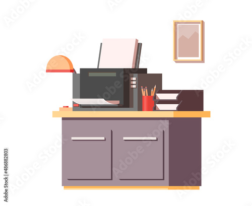 Modern printer and office supplies on table. Vector illustration