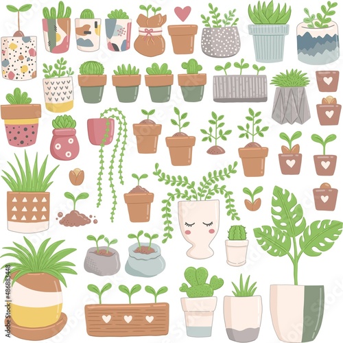 Spring set of green plants in flower pots, vector
