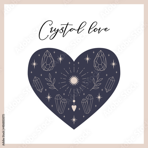 Fotografia Square postcard with outline crystals, sun, stars on a blue heart shape background