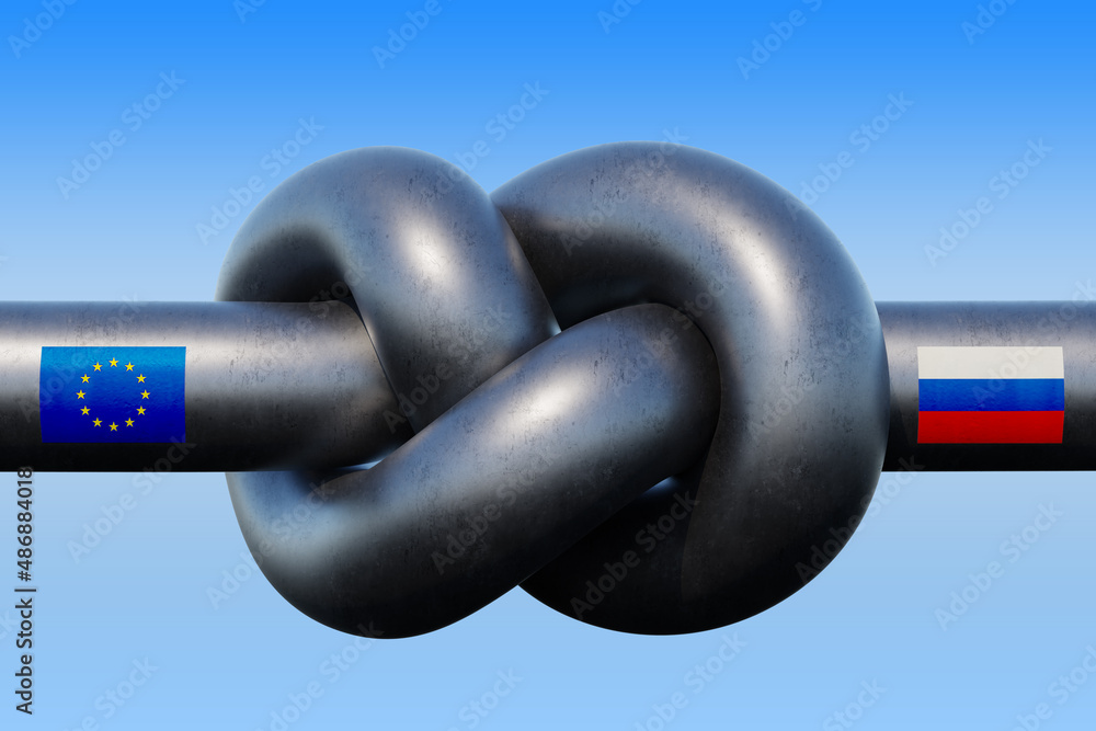 Gas pipeline between European Union and Russia is tied in a knot because of sanctions. 3D illustration - obrazy, fototapety, plakaty 