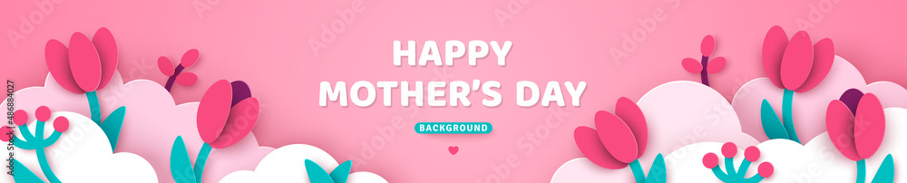 Happy Mother's day sale header or voucher template with tulips. Horizontal banner with pink sky, flowers and paper cut clouds. Place for text. Women's day spring border frame, cute promo card.