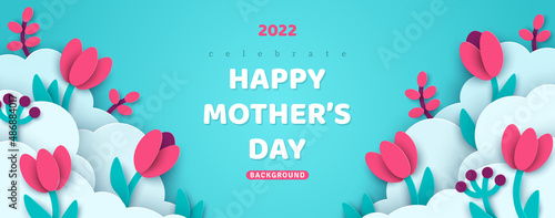Horizontal banner with sky, flowers and paper cut clouds. Place for text. Happy Mother's day sale header or voucher template with tulips. Vector illustration, spring border frame, promo card.