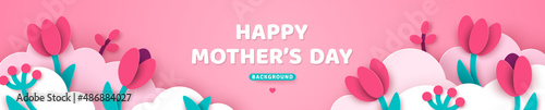 Happy Mother's day sale header or voucher template with tulips. Horizontal banner with pink sky, flowers and paper cut clouds. Place for text. Women's day spring border frame, cute promo card.
