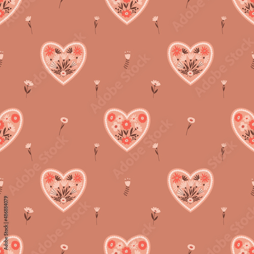 Vector Seamless pattern with creative floral hearts with simple twigs, flowers. Color backdrop for wrapping paper, greeting card, scrapbooking, fabric, textiles, wallpaper, stationery design.