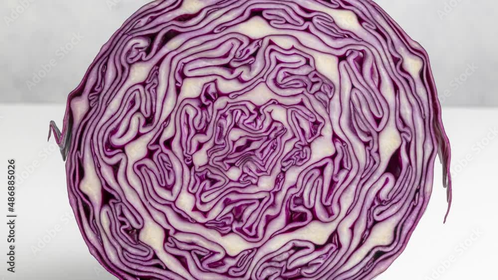 stop motion video of cutting purple cabbage on light kitchen table, close up stop motion video of cutting purple cabbage on light kitchen table, close up