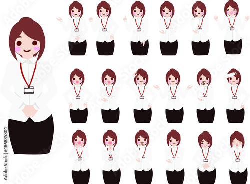 【ポーズ・感情】シャツを着て、社員証をつけた女性スタッフ表情、6頭身セット【一覧】